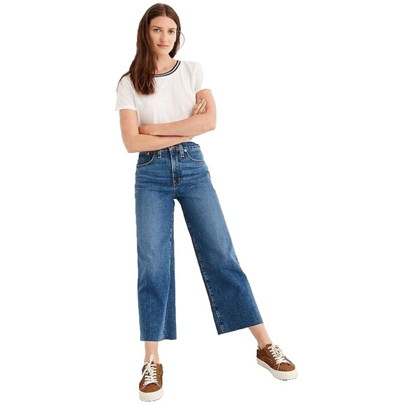 Madewell Denim - Madewell Wide-Leg Crop Jeans Medium Finney Wash Size 31 Raw Hem Light Distress